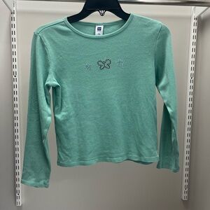 GAP Dark Mint Green Long Sleeve Girls Tee with Rhinestone Butterfly